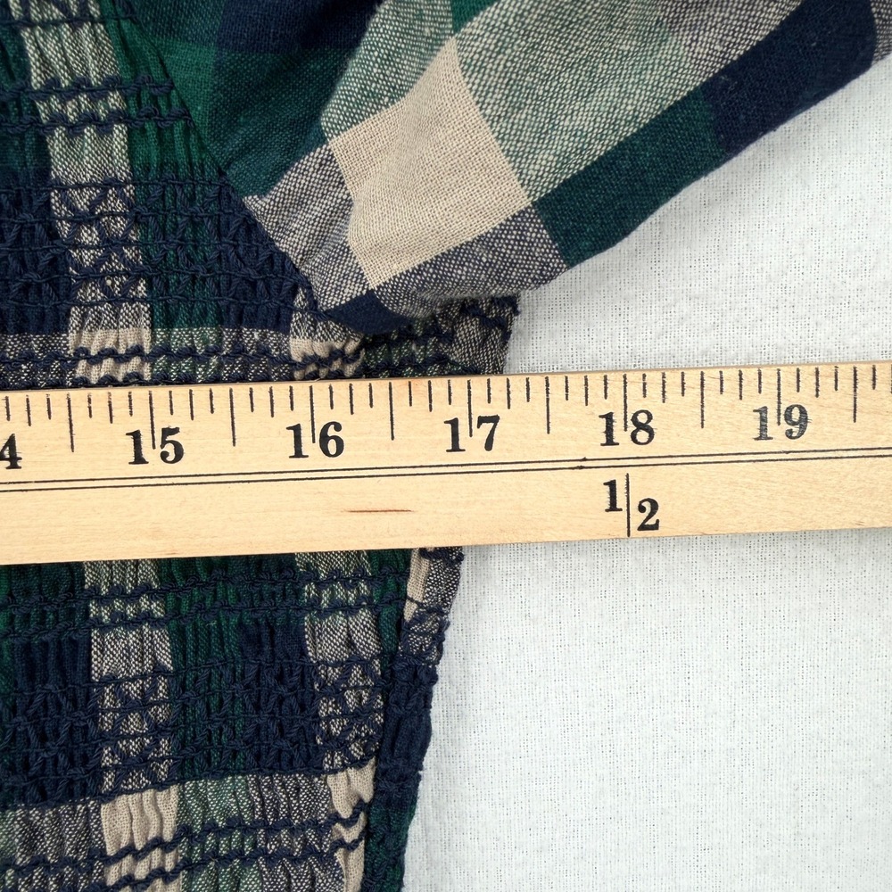BOHME Emmett Plaid Mini Dress Women Medium Navy Green Smocked Puff Sleeve Tiered - Picture 14 of 16
